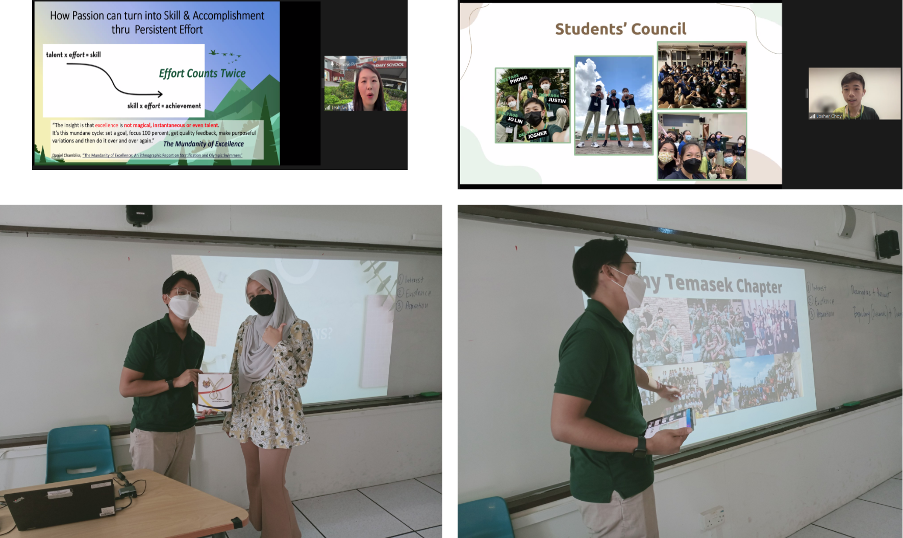 Four photos show masked students and teachers in classrooms and on video calls presenting slides about effort, skill, and Students' Council.